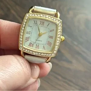Vintage Haband Rhinestone Wristwatch Gold White 6 Inch, Vintage Gold Silver Modern Style Analog Watch by  main image 3